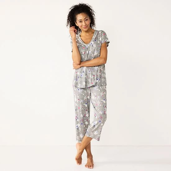 Women's Croft & Barrow® Short Sleeve Pajama Top & Capri Pajama Pants Sleep Set Dark Gray Floral - Image 6