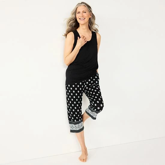 Women's Croft & Barrow® Pajama Tank & Pajama Capri Pants Sleep Set Black Buds - Image 4