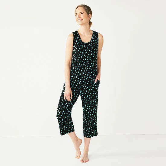 Women's Croft & Barrow® Pajama Tank & Pajama Capri Pants Sleep Set Black Buds - Image 7