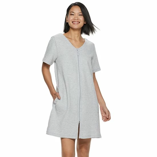 Women's Croft & Barrow® Waffle-Knit Zip-Front Short Sleeve Robe Gray - Image 4