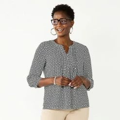 Petite Croft & Barrow® Splitneck Pintuck Blouse Tan Floral