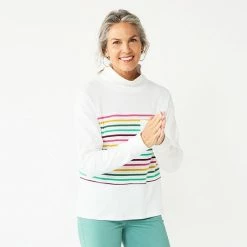 Petite Croft & Barrow® Long Sleeve Mockneck Sweatshirt Pink Modern Stripe