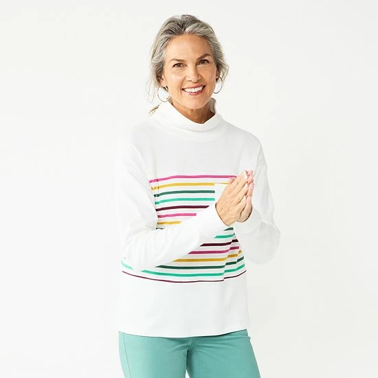 Petite Croft & Barrow® Long Sleeve Mockneck Sweatshirt Pink Modern Stripe