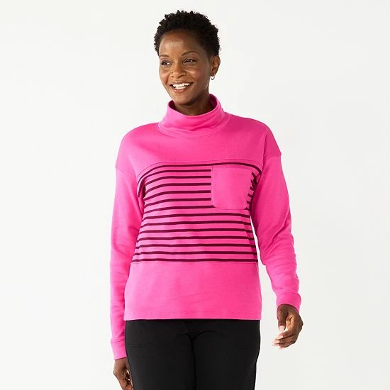 Petite Croft & Barrow® Long Sleeve Mockneck Sweatshirt Pink Modern Stripe - Image 4