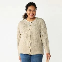 Plus Size Croft & Barrow® Stitch Crewneck Cardigan Icy Blue