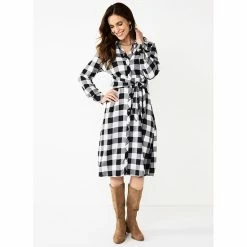 Petite Croft & Barrow® Knot-Waist Shirt Dress Black White Buffalo