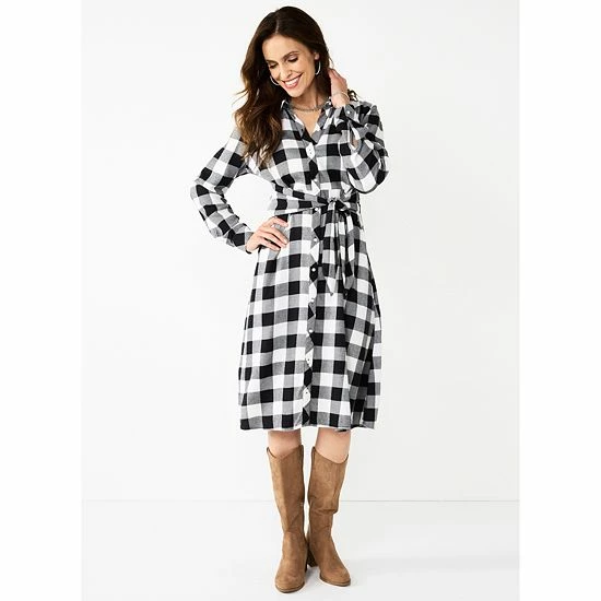 Petite Croft & Barrow® Knot-Waist Shirt Dress Black White Buffalo