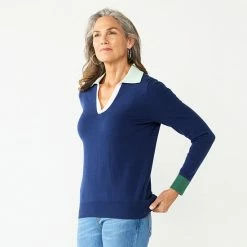 Petite Croft & Barrow® Long Sleeve Polo Sweater Navy Colorblock
