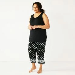 Plus Size Croft & Barrow® Pajama Tank & Pajama Capri Pants Sleep Set Black Buds