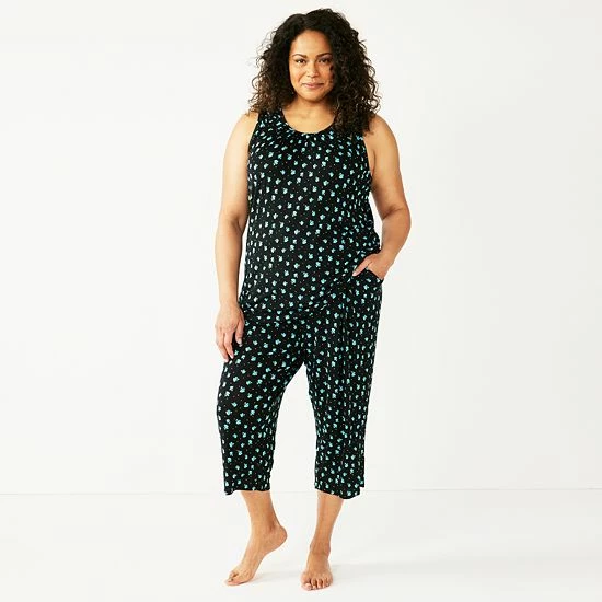 Plus Size Croft & Barrow® Pajama Tank & Pajama Capri Pants Sleep Set Black Buds - Image 3