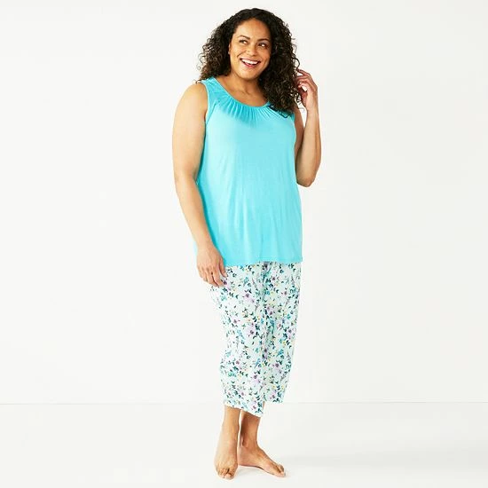 Plus Size Croft & Barrow® Pajama Tank & Pajama Capri Pants Sleep Set Black Buds - Image 5