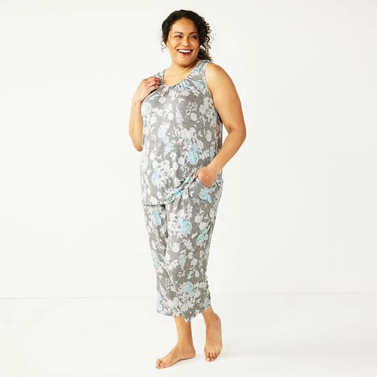 Plus Size Croft & Barrow® Pajama Tank & Pajama Capri Pants Sleep Set Black Buds - Image 6