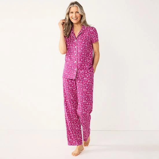 Petite Croft & Barrow® Short Sleeve Pajama Shirt & Pajama Pants Sleep Set Tan Leopard - Image 2
