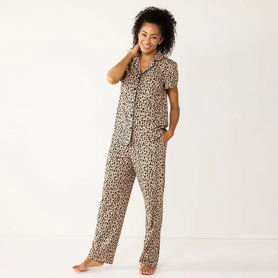 Petite Croft & Barrow® Short Sleeve Pajama Shirt & Pajama Pants Sleep Set Tan Leopard - Image 5