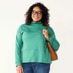Plus Size Croft & Barrow® Long Sleeve Mockneck Pocket Sweatshirt Fir Green