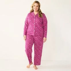 Plus Size Croft & Barrow® Long Sleeve Pajama Shirt & Pajama Pants Sleep Set Navy Dots