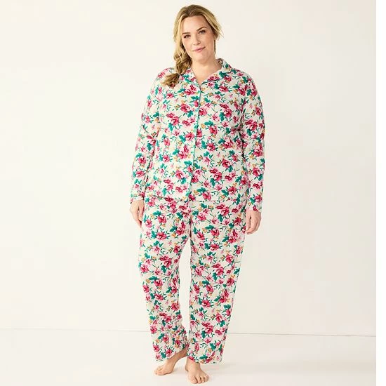 Plus Size Croft & Barrow® Long Sleeve Pajama Shirt & Pajama Pants Sleep Set Navy Dots - Image 4