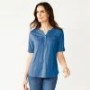 Women's Croft & Barrow® Roll-Tab Utility Henley Top Aqua White Tiny Tile