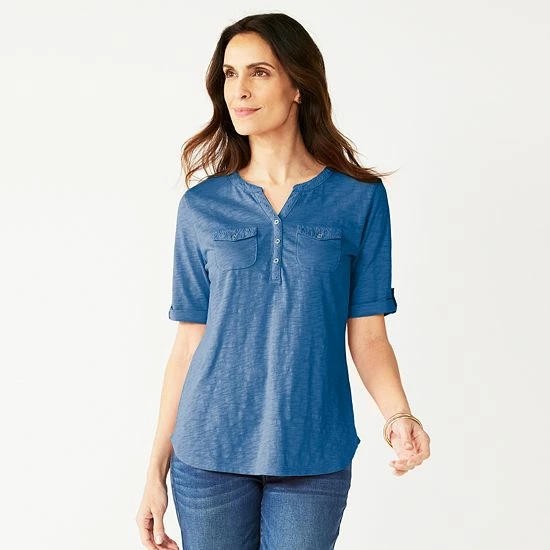 Women's Croft & Barrow® Roll-Tab Utility Henley Top Aqua White Tiny Tile