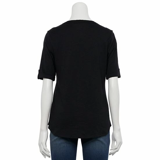 Women's Croft & Barrow® Roll-Tab Utility Henley Top Aqua White Tiny Tile - Image 2