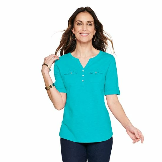Women's Croft & Barrow® Roll-Tab Utility Henley Top Aqua White Tiny Tile - Image 7