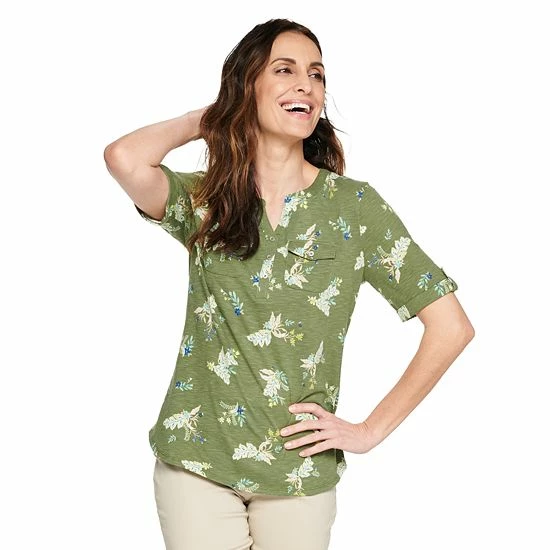 Women's Croft & Barrow® Roll-Tab Utility Henley Top Aqua White Tiny Tile - Image 9