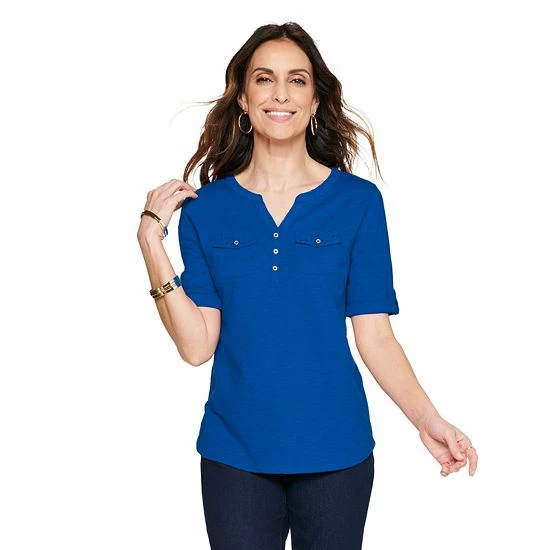 Women's Croft & Barrow® Roll-Tab Utility Henley Top Aqua White Tiny Tile - Image 10