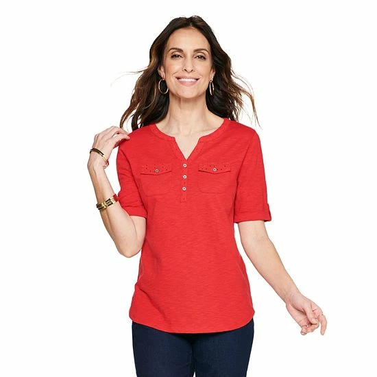 Women's Croft & Barrow® Roll-Tab Utility Henley Top Aqua White Tiny Tile - Image 11