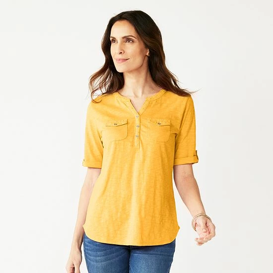 Women's Croft & Barrow® Roll-Tab Utility Henley Top Aqua White Tiny Tile - Image 14