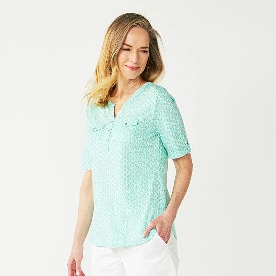 Women's Croft & Barrow® Roll-Tab Utility Henley Top Aqua White Tiny Tile - Image 15