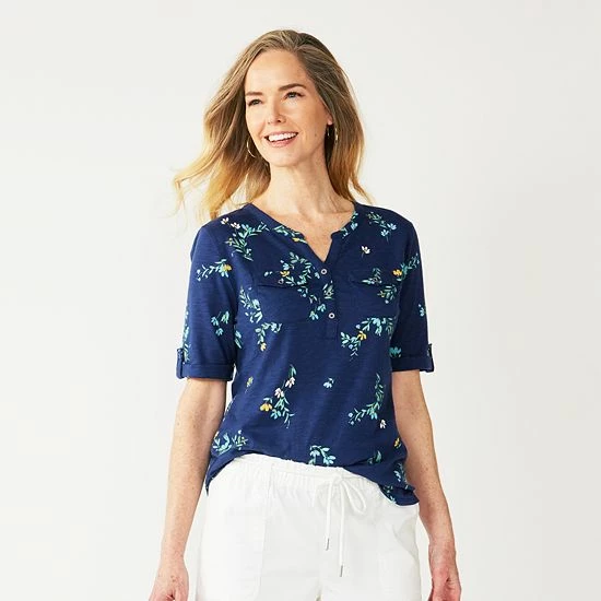 Women's Croft & Barrow® Roll-Tab Utility Henley Top Aqua White Tiny Tile - Image 18