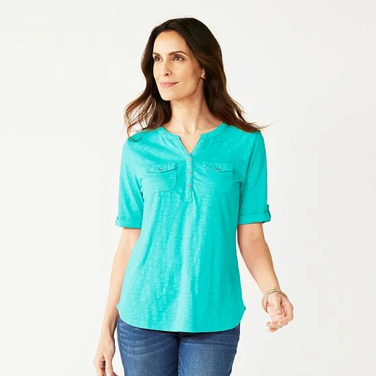 Women's Croft & Barrow® Roll-Tab Utility Henley Top Aqua White Tiny Tile - Image 19