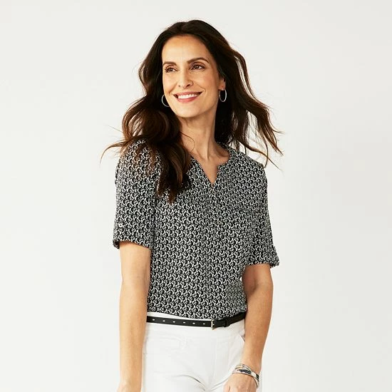 Women's Croft & Barrow® Roll-Tab Utility Henley Top Aqua White Tiny Tile - Image 20