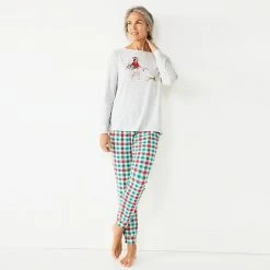 Women's Croft & Barrow® Long Sleeve Pajama Top & Pajama Pants Sleep Set Green Red Plaid