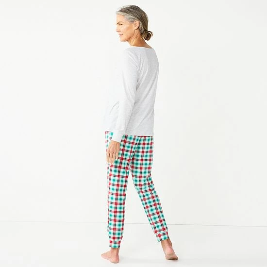 Women's Croft & Barrow® Long Sleeve Pajama Top & Pajama Pants Sleep Set Green Red Plaid - Image 2