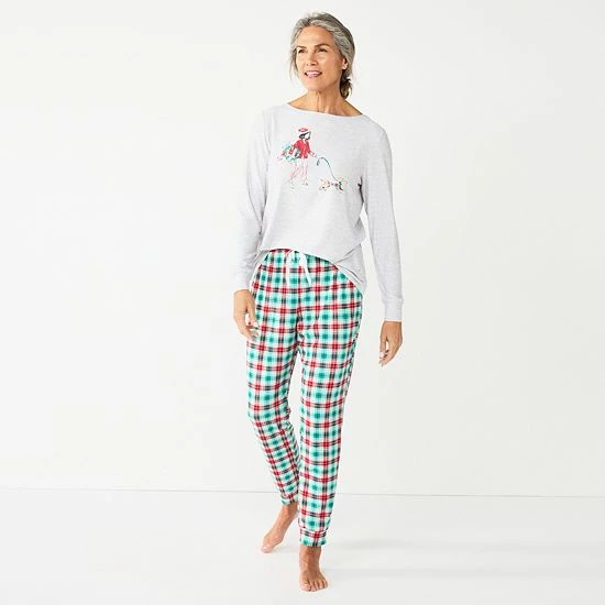 Women's Croft & Barrow® Long Sleeve Pajama Top & Pajama Pants Sleep Set Green Red Plaid - Image 3