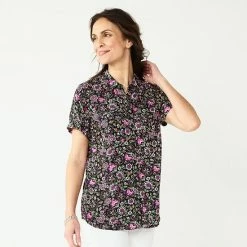 Women's Croft & Barrow® Challis Camp Shirt Black White Floral