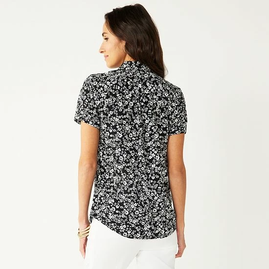 Women's Croft & Barrow® Challis Camp Shirt Black White Floral - Image 2
