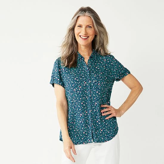 Women's Croft & Barrow® Challis Camp Shirt Black White Floral - Image 4