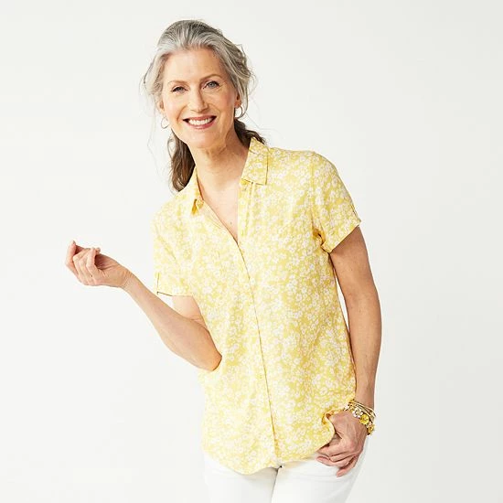 Women's Croft & Barrow® Challis Camp Shirt Black White Floral - Image 5