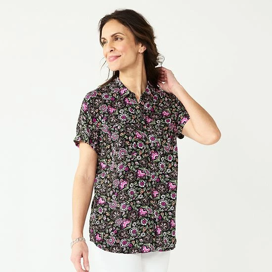 Women's Croft & Barrow® Challis Camp Shirt Black White Floral - Image 6