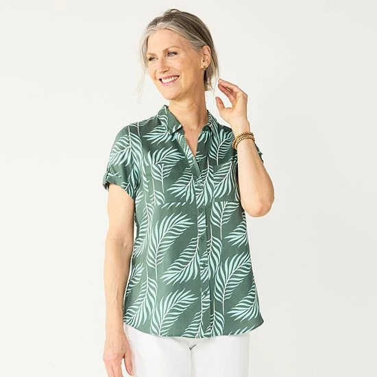 Women's Croft & Barrow® Challis Camp Shirt Black White Floral - Image 8