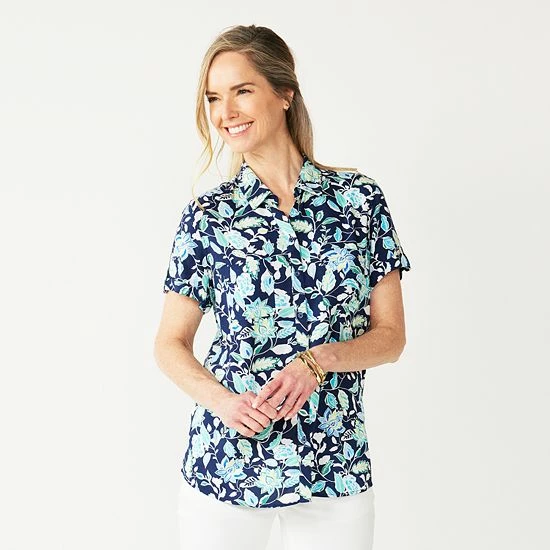 Women's Croft & Barrow® Challis Camp Shirt Black White Floral - Image 10