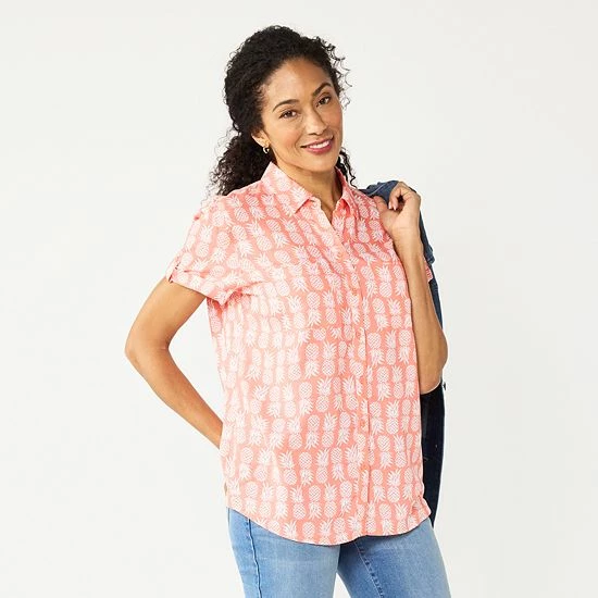 Women's Croft & Barrow® Challis Camp Shirt Black White Floral - Image 11