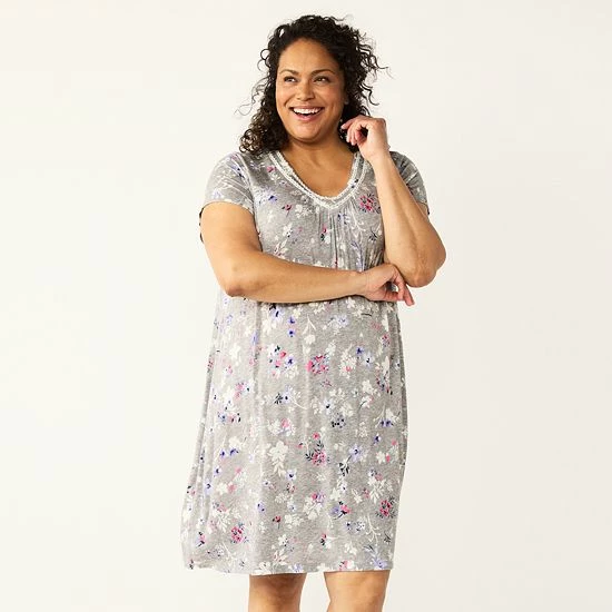 Plus Size Croft & Barrow® Flutter Short Sleeve Nightgown Dark Gray Floral - Image 3
