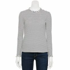Petite Croft & Barrow® Ruffle Neck Puff Sleeve Top Navy White Stripe