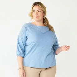 Plus Size Croft & Barrow® Three Quarter Sleeve Lace Yoke Top Fir Green