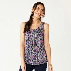 Women's Croft & Barrow® Print Pleated Tank Lime Geo