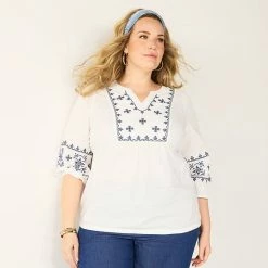 Plus Size Croft & Barrow® Embroidered Peasant Top Black Embroidery