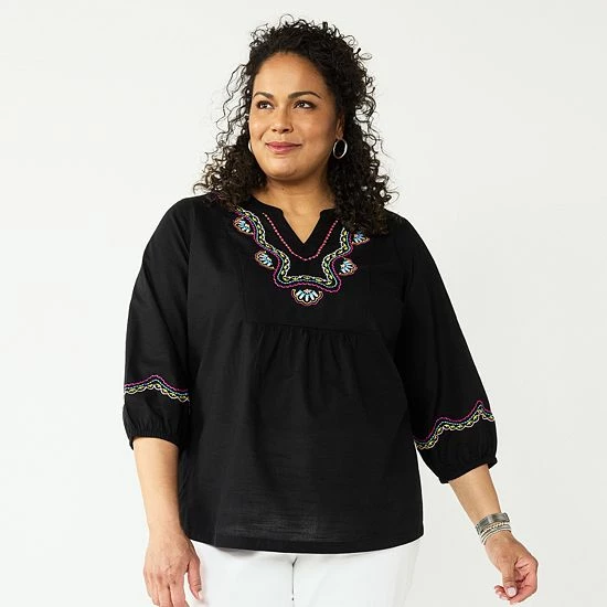 Plus Size Croft & Barrow® Embroidered Peasant Top Black Embroidery - Image 3
